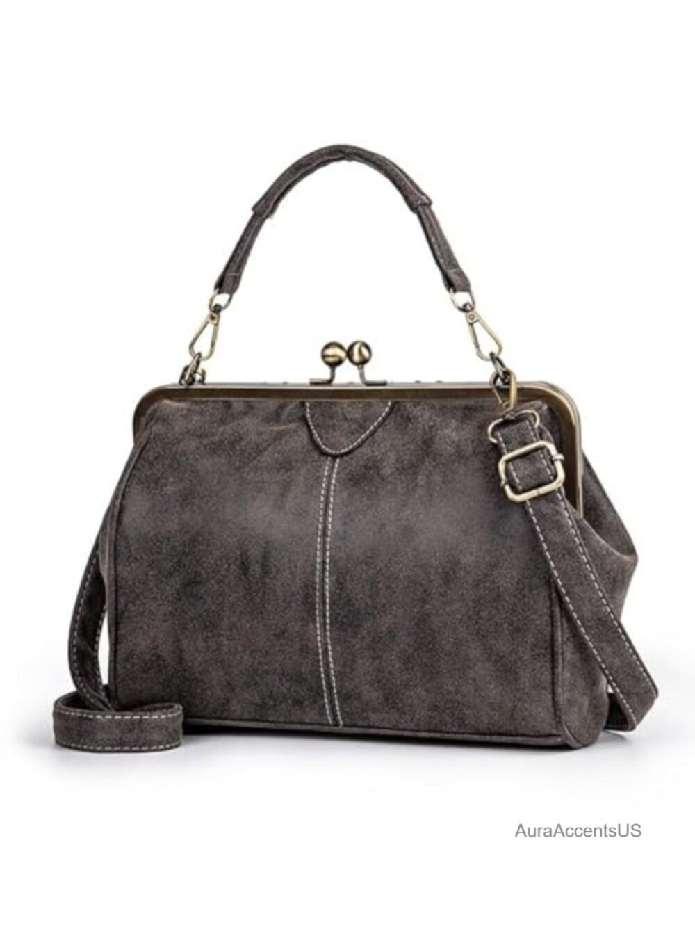 Vintage Kiss Lock Satchel Handbag Women Leather Shoulder Crossbody Purse
